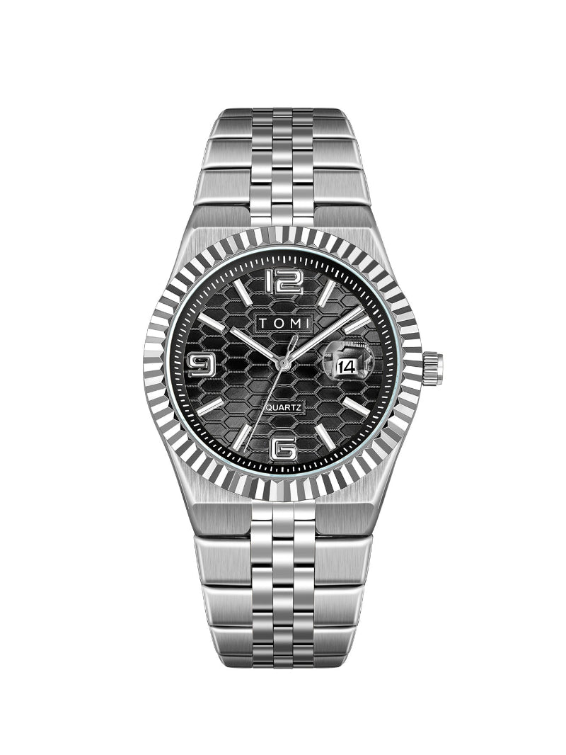Men's minimalist quartz dress watch with silver metal bracelet and dark silver honeycomb dial