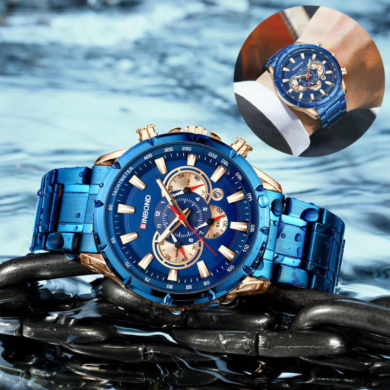 Blue dial tactical wristwatch with gold bezel and blue metal bracelet strap