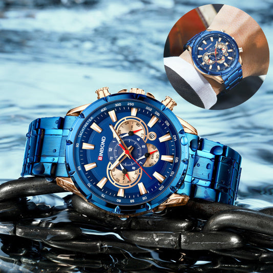 Blue dial tactical wristwatch with gold bezel and blue metal bracelet strap