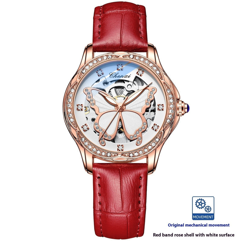 Women's diamond bezel butterfly dial watch with red leather strap and rose gold case