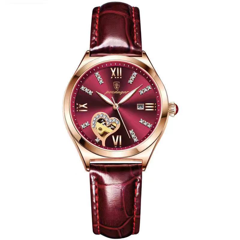 Women's automatic mechanical watch with burgundy dial, rose-gold case, red leather strap