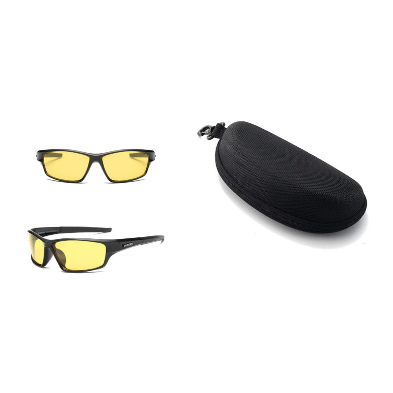 Polarized sports sunglasses with yellow lenses and black frame, with protective case