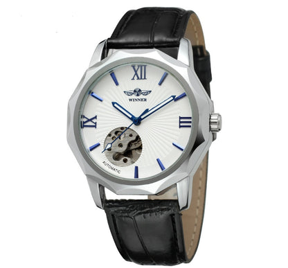 Men's automatic mechanical watch with white dial, Roman numerals, and black leather strap