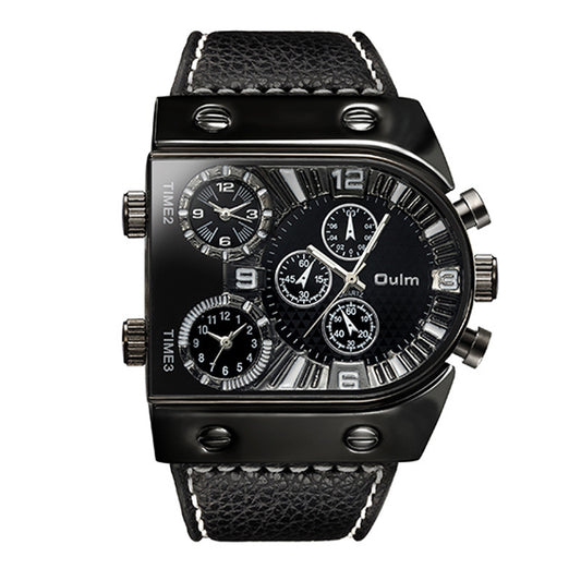 Black dial multi-time zone quartz watch with black leather strap and metal case