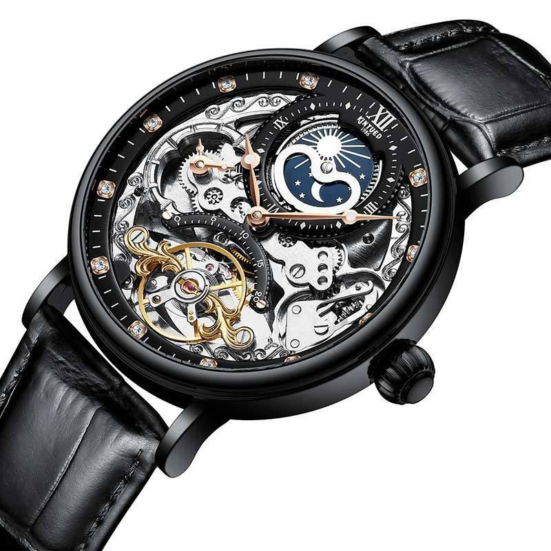 Automatic leather men's mechanical watch with black strap and black case, black open dial with blue moon