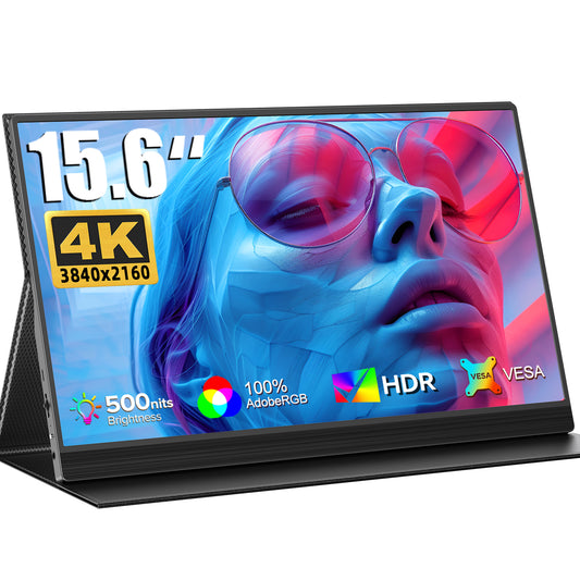 15.6-inch portable QLED 4K monitor with slim black frame and built-in display