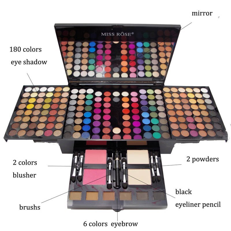 180-color eye shadow and blush palette with mirror, multiple shade rows, and included brushes