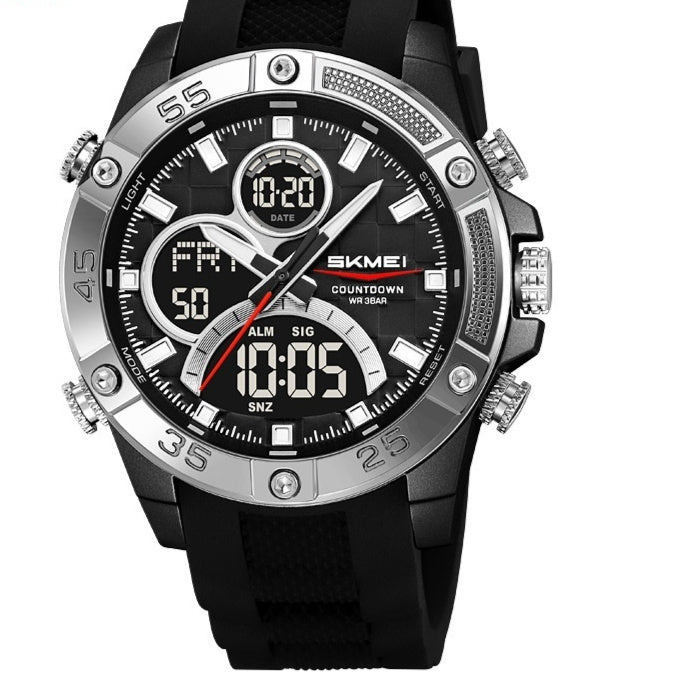 Men’s waterproof digital watch with black dial, silver bezel hoop, and black rubber strap