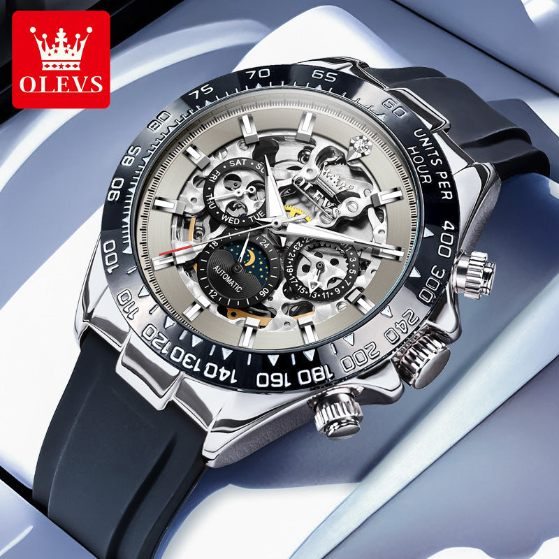 Luxury watch with black strap and visible OLEVS branding on a light blue background