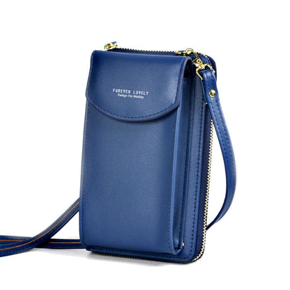 Dark blue PU leather crossbody wallet bag with front flap and side zipper