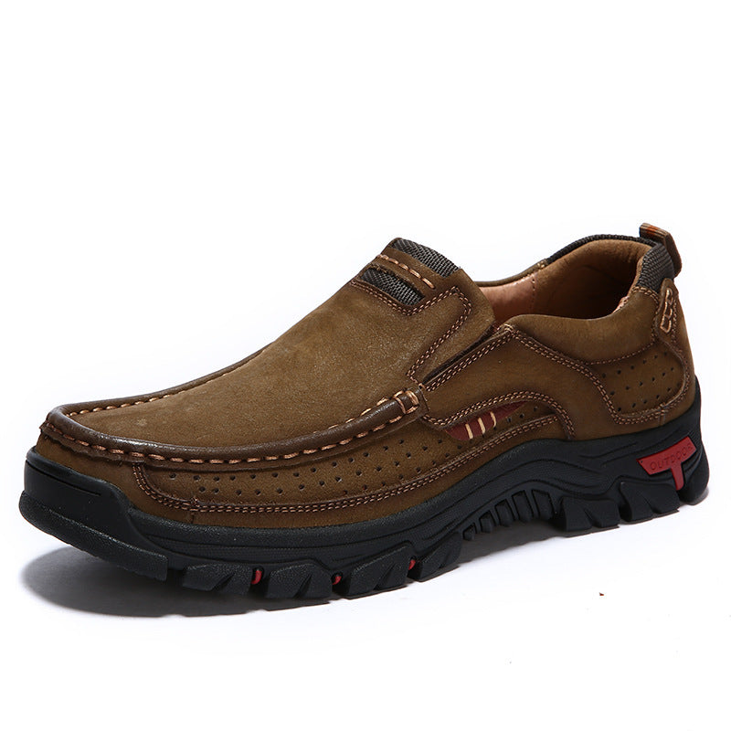 Men's cowhide leather shoes, khaki-brown slip-on style with thick black tread