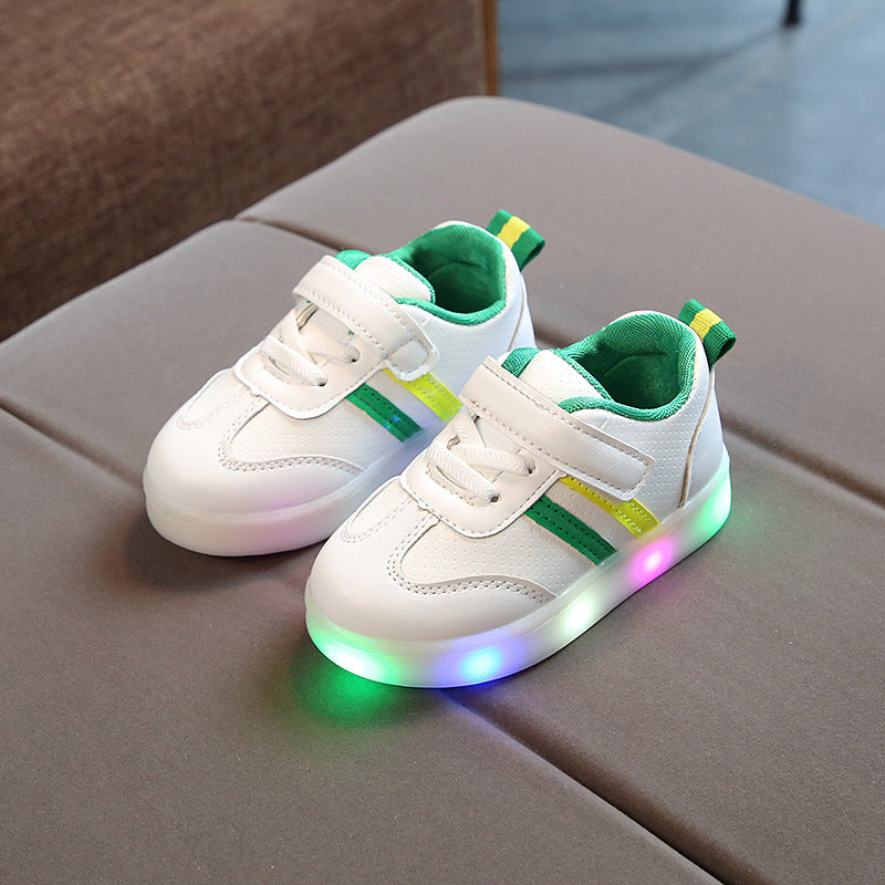 Kids light-up sneakers, white with green-yellow side stripes and glowing LED sole