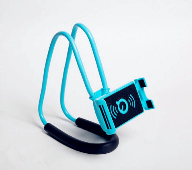 Blue 360° rotatable selfie phone holder stand with adjustable clamp and cable loop