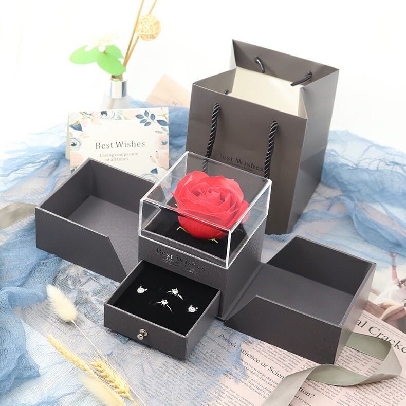 Charcoal rose jewelry gift box with clear rose compartment, folding side trays, and jewelry drawer