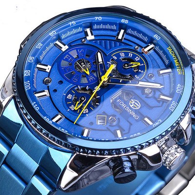 Blue wristwatch with intricate design and visible brand name on a white background