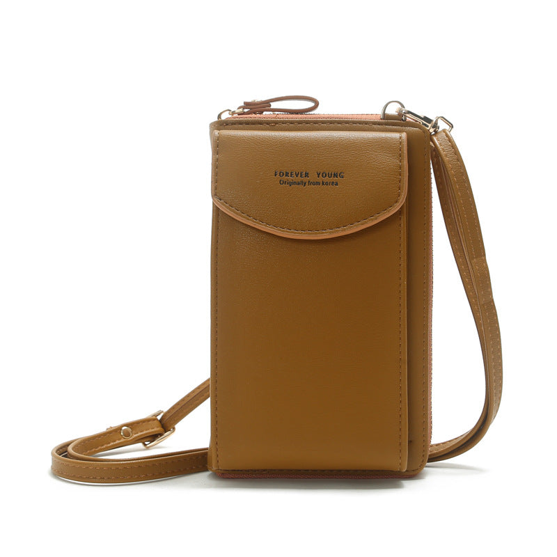 Brown PU leather crossbody wallet bag with front flap and adjustable strap