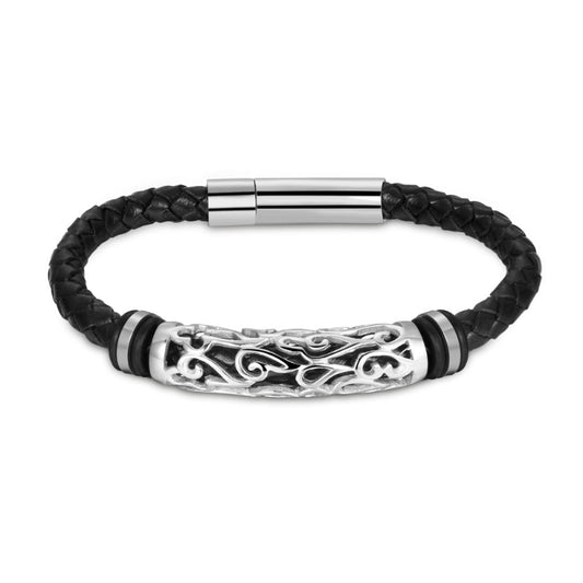 Black braided leather bracelet with silver metal clasp on a white background