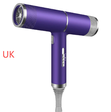 Purple hair dryer with concentrator nozzle, UK plug mark, ridged handle, corded