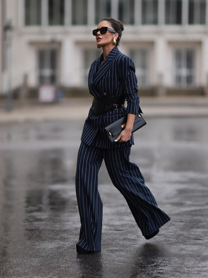 Women's Striped Blazer & High Waist Pants Set