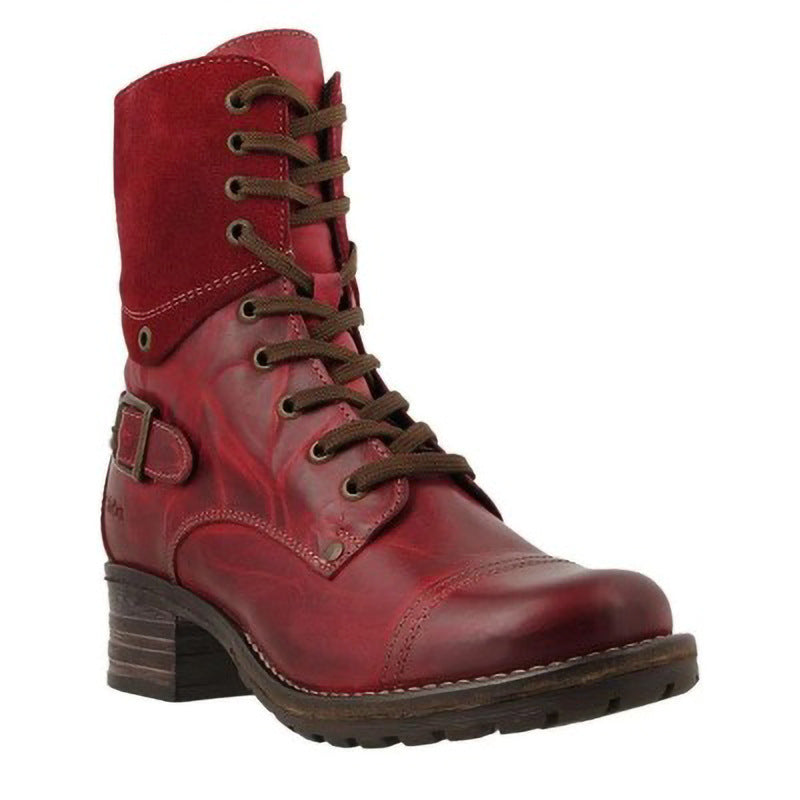 Women’s low-heeled ankle boots, round toe, cross-lace style, red leather look
