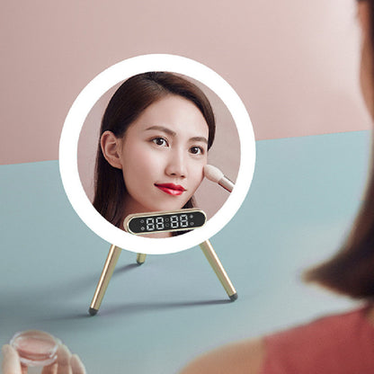 Woman applying makeup in front of a round mirror with a digital display on a light blue surface.