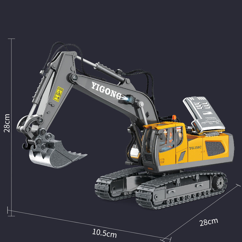 Gray and yellow RC excavator toy with articulated arm and digging bucket