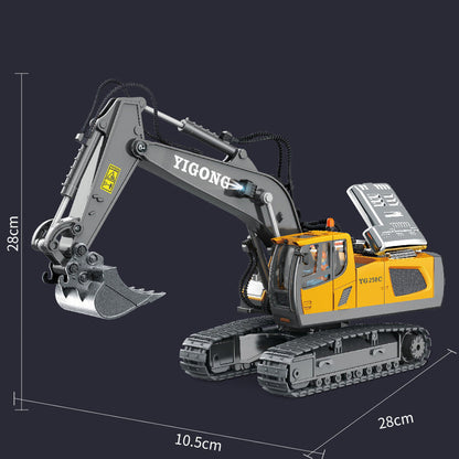 Gray and yellow RC excavator toy with articulated arm and digging bucket