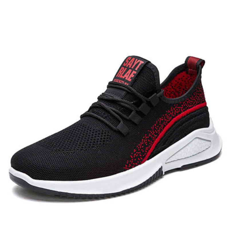 Women’s mesh sneakers, black upper with red accent stripe and white rubber outsole