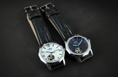 Set of two men's automatic mechanical watches with leather straps: white and black dials, 42mm