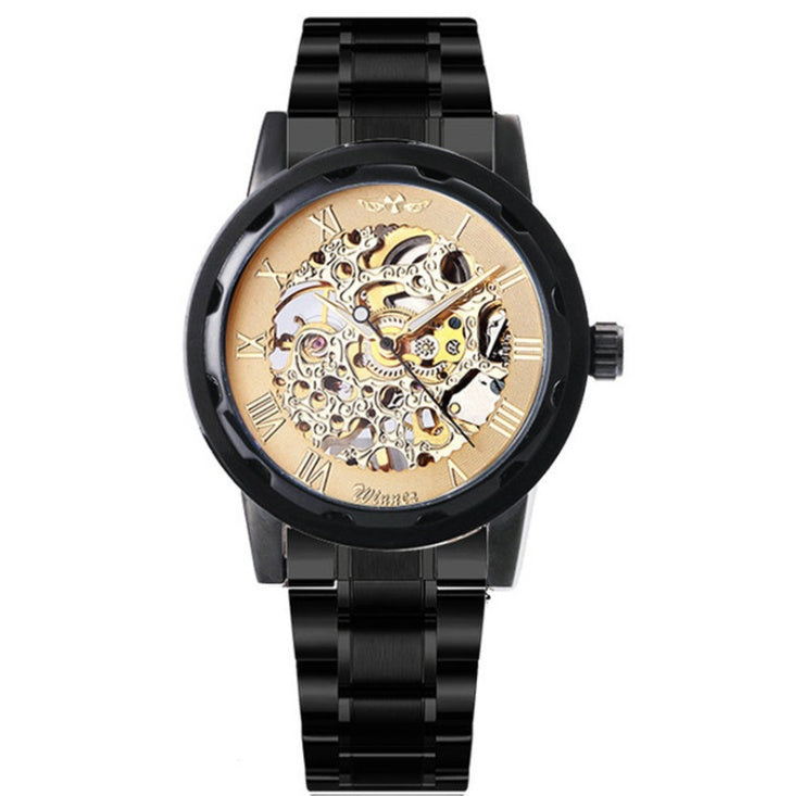 Black wristwatch with a visible mechanical movement on a white background