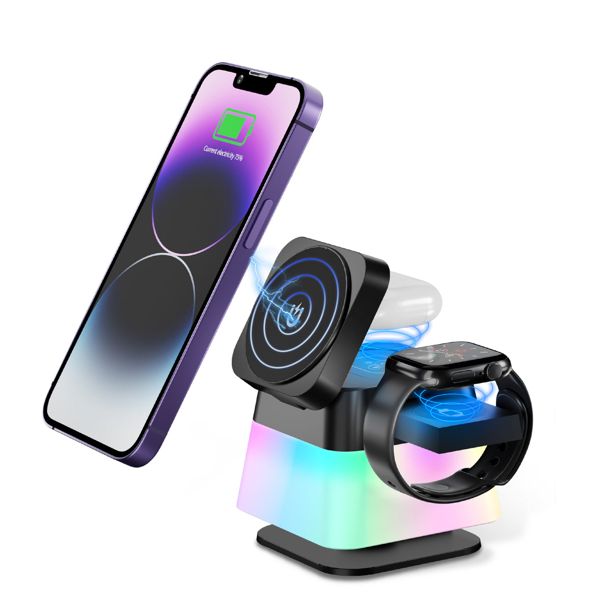 4-in-1 wireless charger with rotating phone stand and RGB lights for watch and earbuds