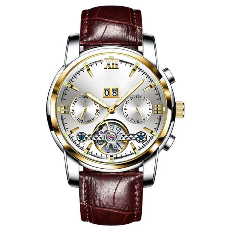 Luxury watch with brown leather strap and gold and silver details on a white background