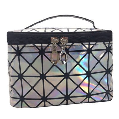 Holographic cosmetic bag with black zip top, geometric lattice pattern, rainbow iridescent finish.