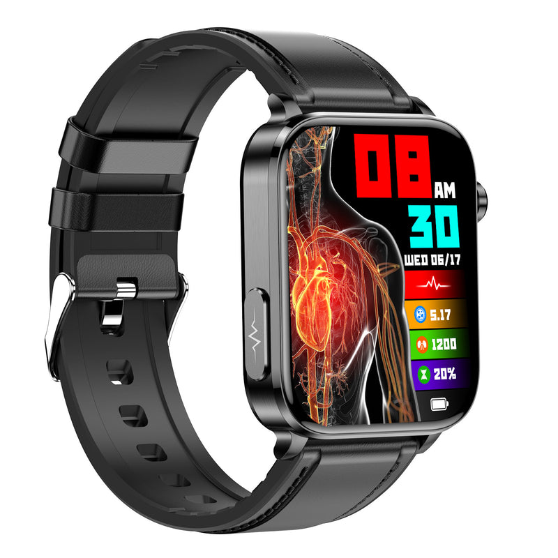 TK15 smartwatch with black leather-style strap, silver-color bezel and red anatomical-style watch face