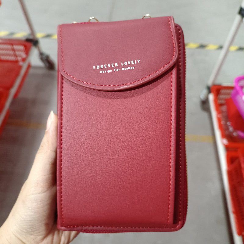 Red PU leather crossbody wallet purse with stitched flap front and top zipper