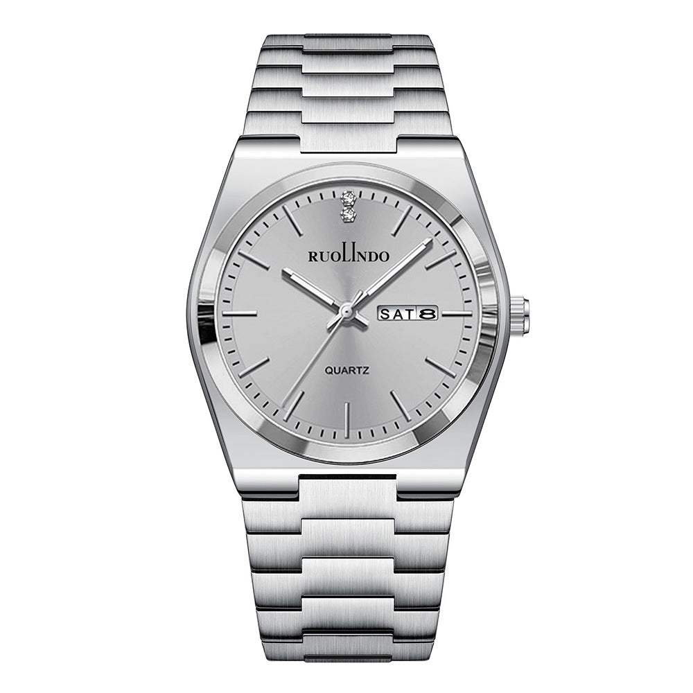 Day-date quartz watch with light gray dial, silver metal bezel and bracelet, date window