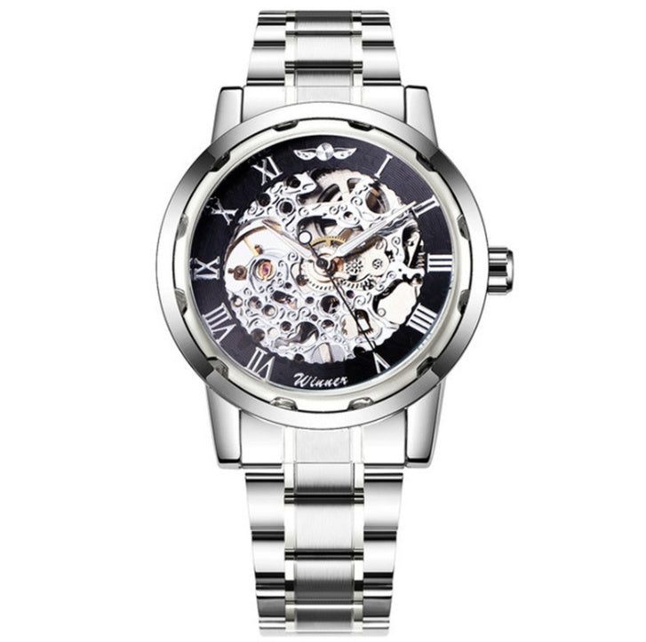Silver wristwatch with black face and visible brand name on a white background