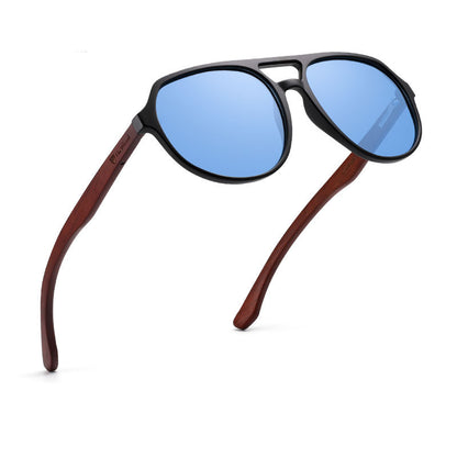 Sunglasses with wooden arms and blue lenses on a white background