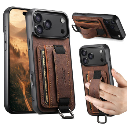 Brown phone case with strap attachment on a phone, displayed from multiple angles.