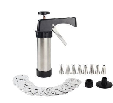 Syringe-like kitchen tool with various attachments on a white background