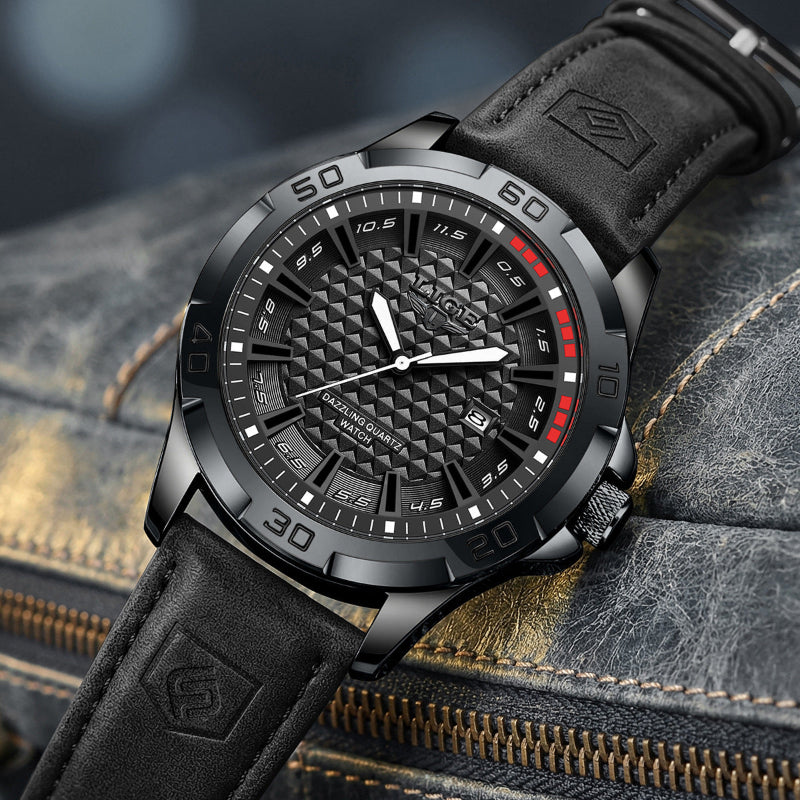 Men's black quartz wristwatch close-up with textured dial and black leather strap on denim
