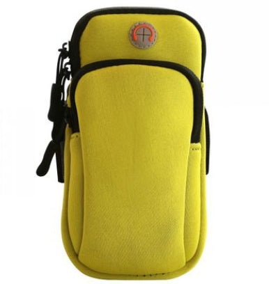 Yellow sports phone pouch with black trim and zippered front pocket
