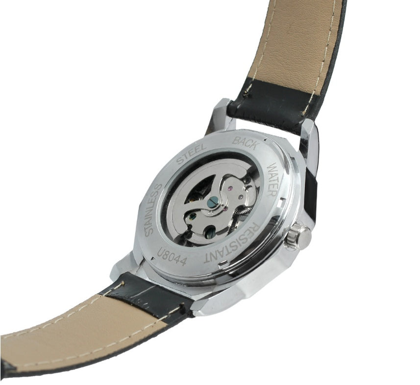 Men's automatic mechanical watch side view with black leather strap and stainless steel caseback