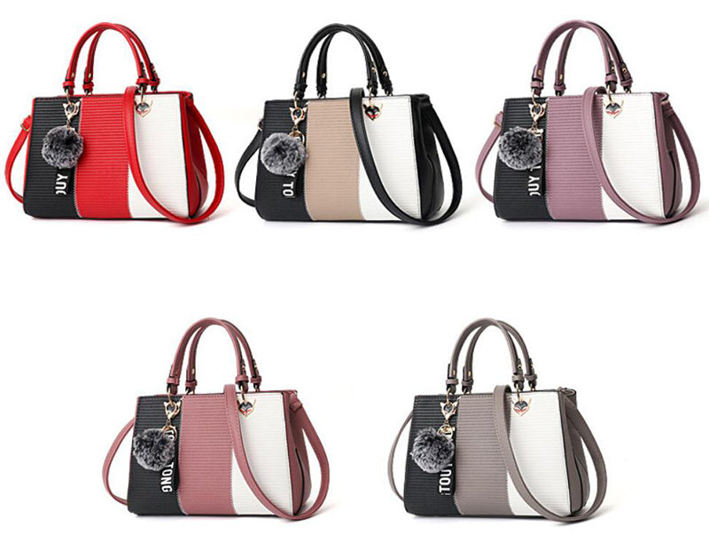 Assorted color-block PU leather handbags with pompom charms and top handles