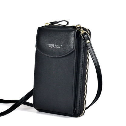 Black PU leather crossbody wallet purse with front flap and top zipper, crossbody strap