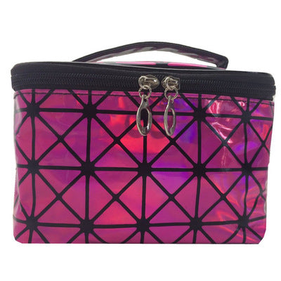 Holographic cosmetic bag with black zip top, geometric lattice pattern, double metal zipper pulls.