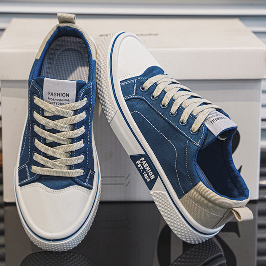 Blue and white sneakers with 'Fashion' label on a reflective surface