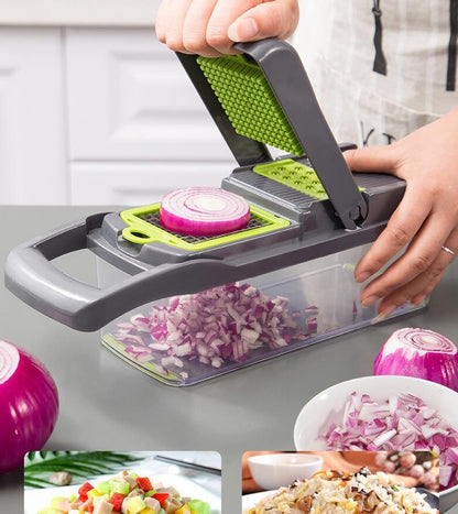 Vegetable chopper being used to chop onions with a person's hands, surrounded by chopped vegetables and a bowl of salad.