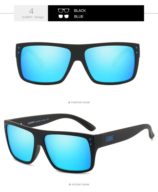 Black sport sunglasses with blue polarized lenses and blue accent temples