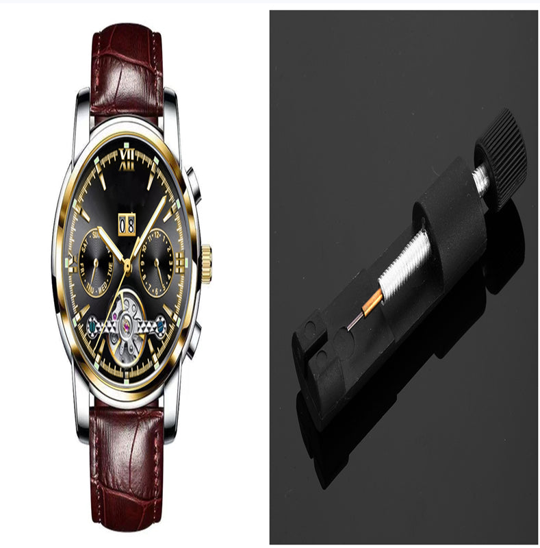 Luxury watch with brown leather strap and visible mechanical components on a black background